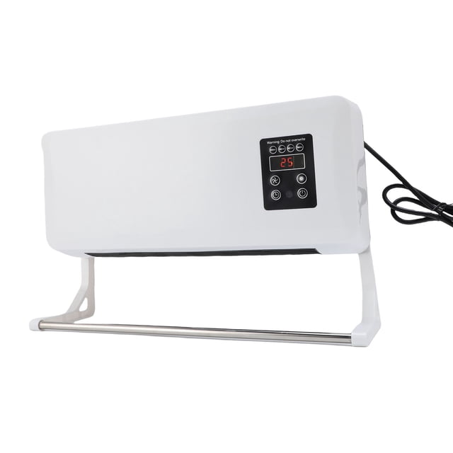 Electric Radiator Heater, Wall Mount Electric Heater Small Air Conditioner Machine with Remote Control for Year Round Use. The unit features a sleek white ABS+PC body with a digital control panel displaying temperature settings. It includes a wall-mounted bracket, hooks, screws, and a remote control with a built-in CR2025 battery. Designed for dual use, it provides heating in winter and cooling in summer, combining a heater, cooler, and electric radiator in one compact design. Approximate dimensions are 42x18x12cm (16.54x7.09x4.72in).