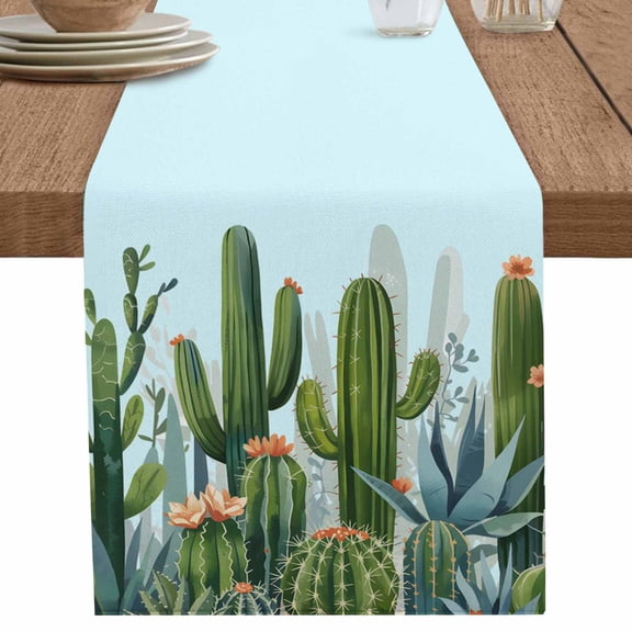 nqOlkjepod Green Cactus Table Runner 60 Inches Long Farmhouse Dress Scarves, Watercolor Summer Botanical Blue Dining Tablerunner for Coffee Table/Kitchen Island/Party Décor, 13" x 60"