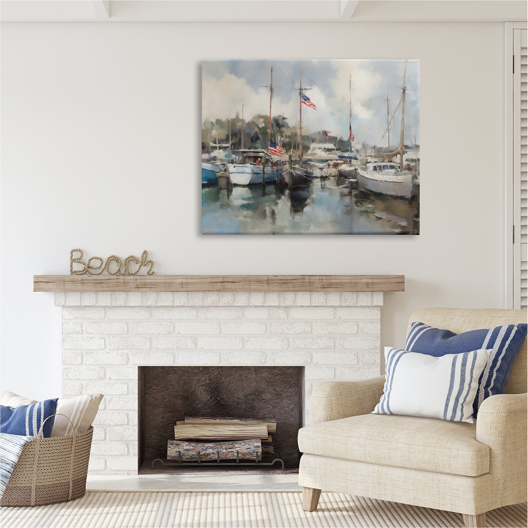 Stupell Industries Boats with American Flags Transportation Painting Gallery Wrapped Canvas Art Print Wall Art, 48 x 36