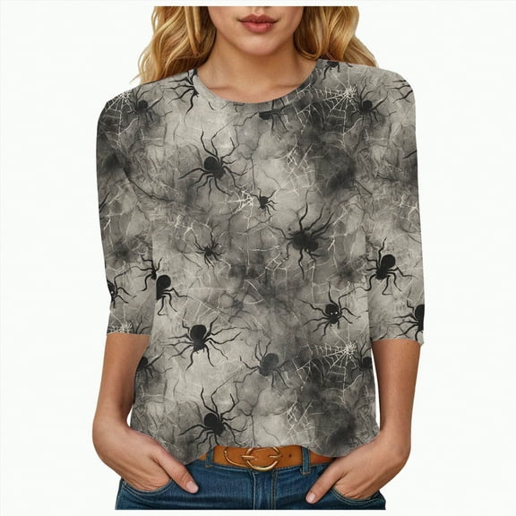 Godom 3/4 Length Sleeve Womens Tops Crewneck Neck Casual Halloween Shirts Print Trendy Blouses Fall Tee