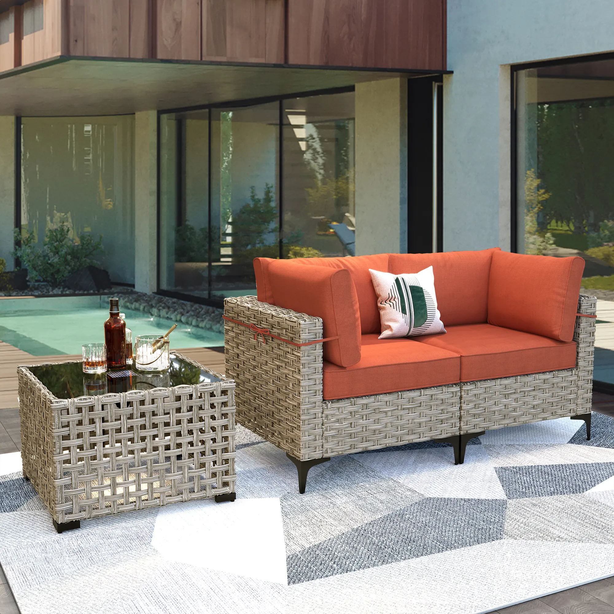 Ovios 3 Pieces Outdoor Patio Sectional Furniture Cushioned PE Rattan Wicker Chairs Conversation Set with Solar Lamps Coffee Table for Backyard