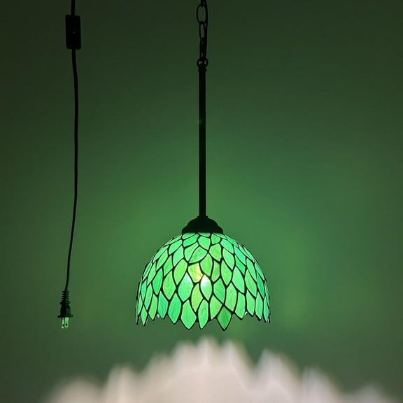 Tiffany Mini Hanging Lights Plug In Green Leaves Stained Glass LED Bulb Included 8”W*8”D*60”H