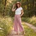 thumbnail image 6 of Dwellite Striped Linen Pants Women Elastic Waist Summer Boho Vacation Beach Pants Lightweight Cropped Straight Leg Lounge Pant Watermelon Red 2XL, 6 of 9
