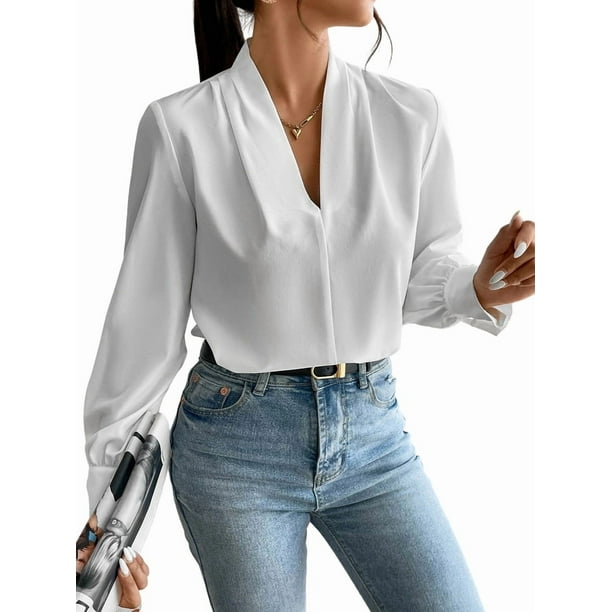 Blusas de Trabajo para Mujer, Blusas de Larga, Blusas de Oficina con Cuello en V, Blusas de para Mujer XXL