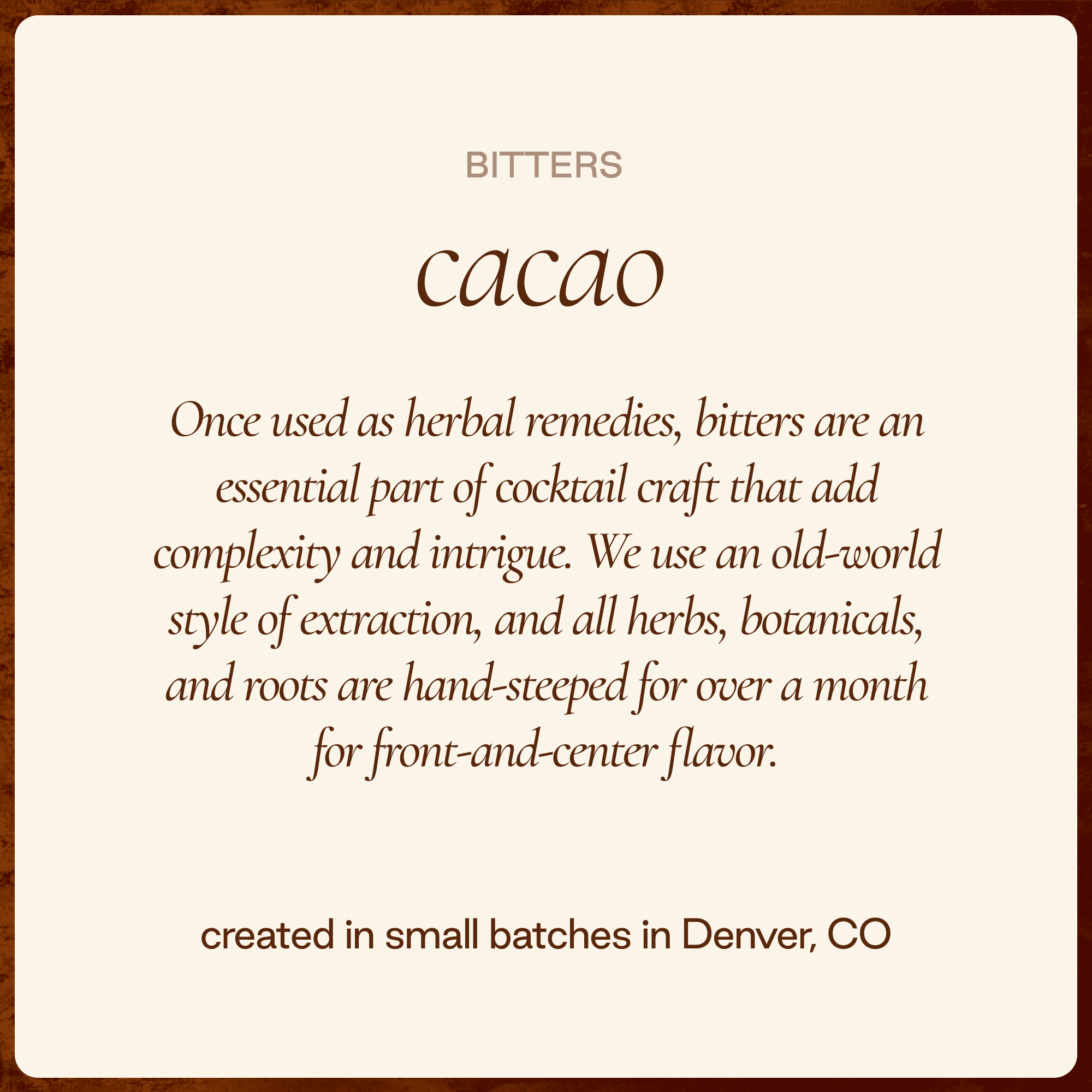 Strongwater Cacao Bitters (40 Servings) - Chocolate Bitters for Cocktails, Made with Roasted Cacao Nibs, Cherry Bark, Vanilla, & Almond - Pair with Bourbon, Vodka, Champagne, Coffee - 3oz, 1 Pack