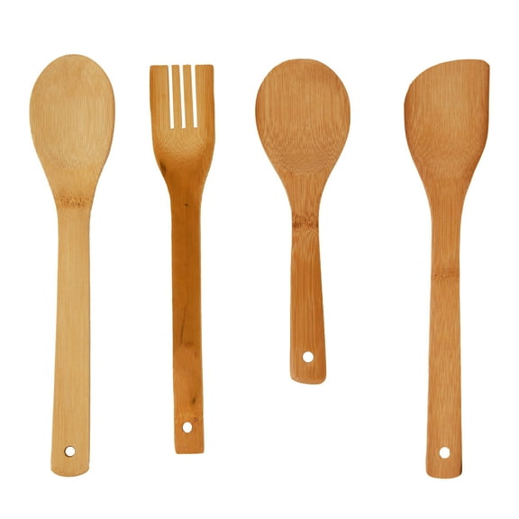 Kitchen Utensils Set, 4 Piece Bamboo Cooking Tools, Spatula, Fork, 2 Spoons