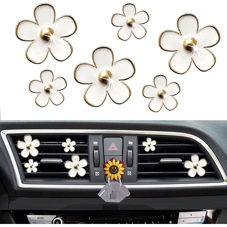 6 Pcs Daisy Air Vent Clips, Cute Flower Air Conditioning Outlet Clip Car Air Fresheners Vent Clips Car Interior Decor Charm Car Decoration Cute Car Accessories for Women Girls + Mask Hook(White)