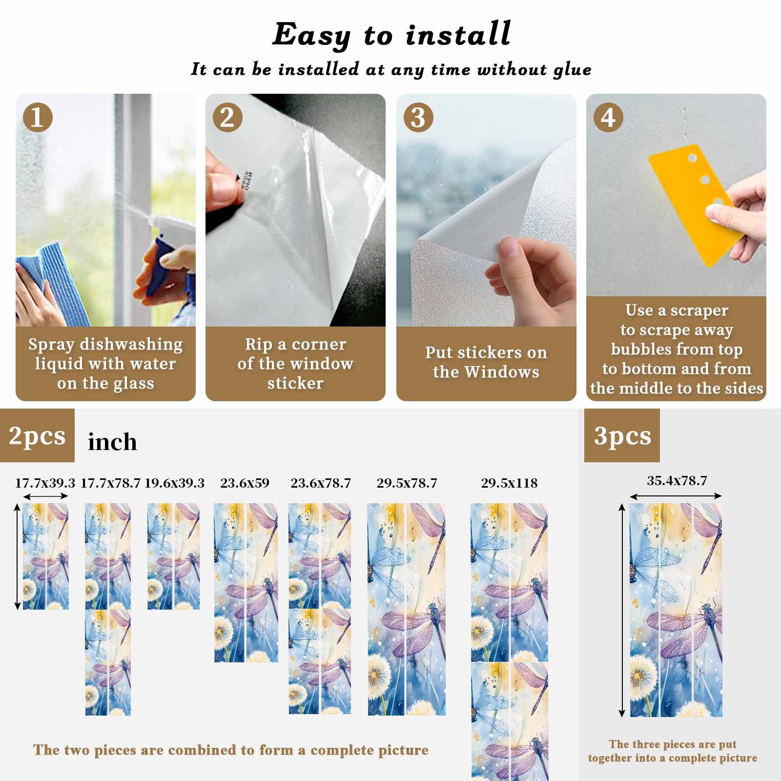 Dragonfly Flowers Window Privacy Film, Blue Purple Watercolor Spring Plant Static Cling UV Sun Blocking Heat Control Window Tint Day and Night, Non-Adhesive One Way Windows Privacy Cover 23.6''x59''