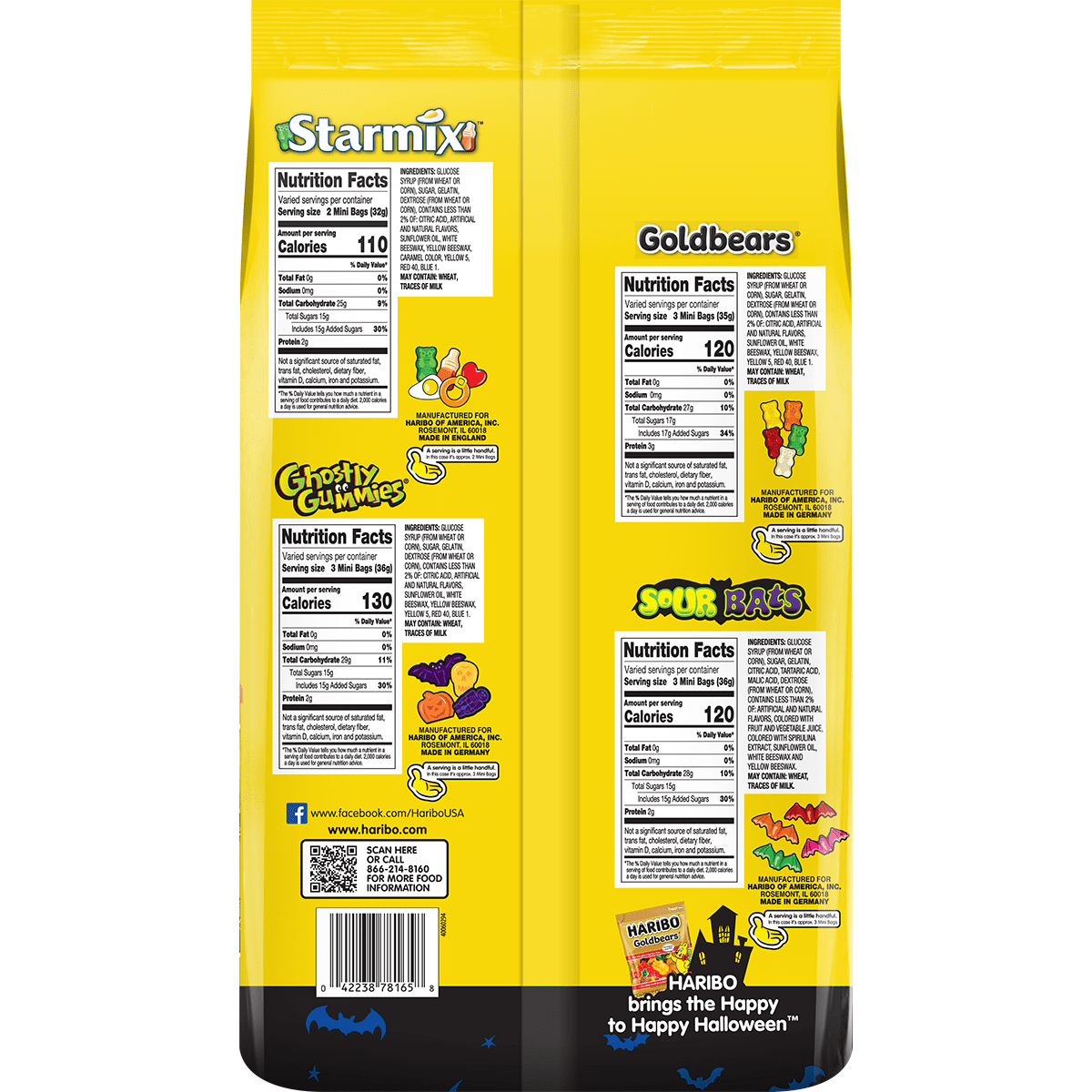 HARIBO Best on the Block Halloween Assorted Fruit Flavor and Shapes Gummy Candy, 60oz Bag, 150ct Mini Gummy Pouches