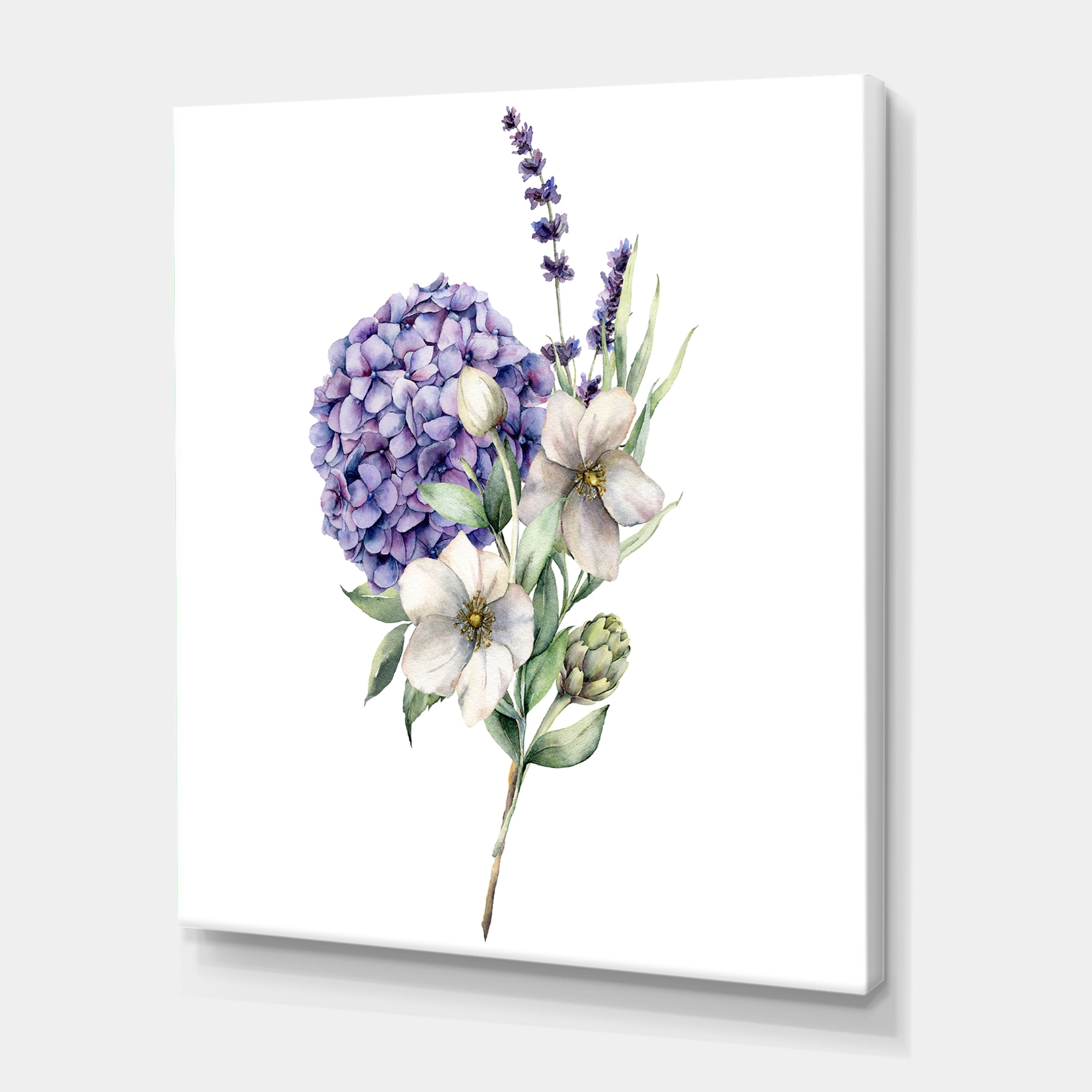 Designart ' Bouquet Of Lavender Anemone Artichoke & Hydrangea ' Traditional Canvas Wall Art Print