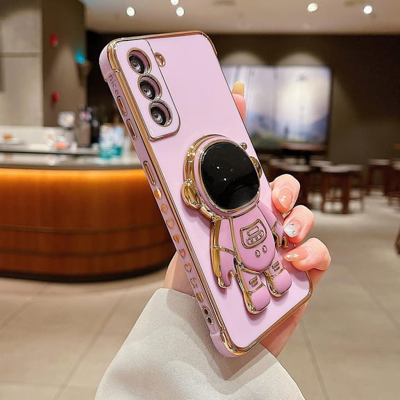 Case for Samsung Galaxy S22 with Astronaut Stand,Luxury Plating Electroplate Case with Camera Protection Cute Love Heart Side Pattern Soft Silicone Shockproof Kickstand Cover-Deep Purple