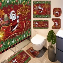 Set of 4 Black Afro Santa Claus Merry Christmas Shower Curtain Sets with Non Slip Rugs Toilet Lid Cover Bath Mat Black Bathroom Shower Curtain Set with 12 Hooks for Bathroom(Classic)