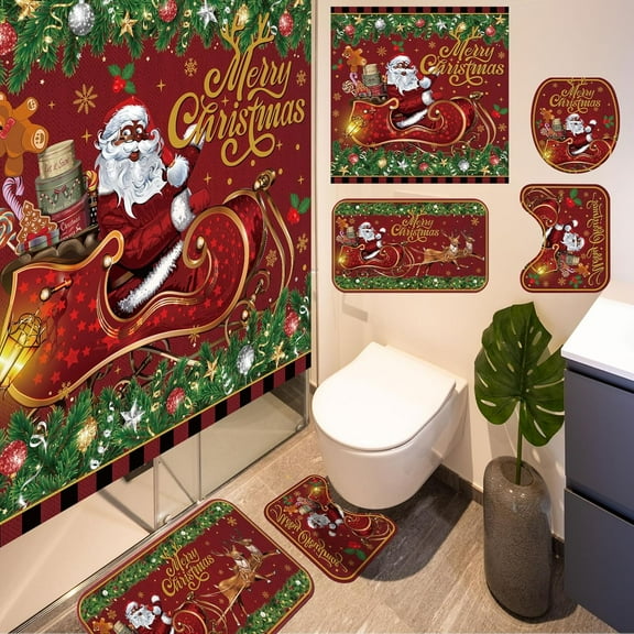 Set of 4 Black Afro Santa Claus Merry Christmas Shower Curtain Sets with Non Slip Rugs Toilet Lid Cover Bath Mat Black Bathroom Shower Curtain Set with 12 Hooks for Bathroom(Classic)