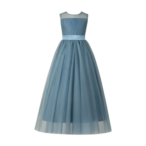 Vestido sin mangas con cuello redondo para niña, elegante, de malla con purpurina, con lazo irregular y degradado de colores, falda de poliéster.