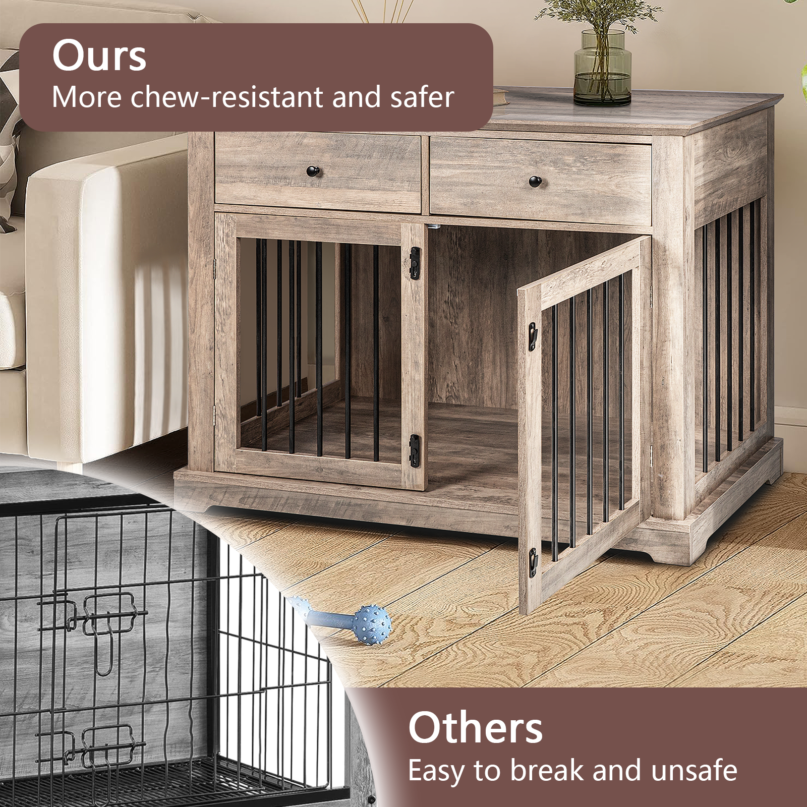 Waleaf 44" Large Dog Crate Kennel Furniture with 2 Storage Drawers for inside, Wooden Pet Cage for Medium Large Dogs