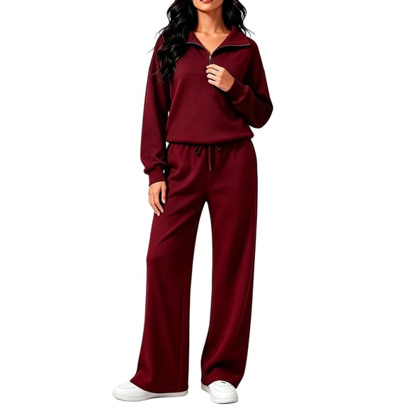 BRELIL Women Two Piece Lounge Set Collared Long Sleeve Pullover Tops Wide Leg Pants Matching Casual Outfits Solid Loungewear Tracksuit Vacation Travel, Wine XL