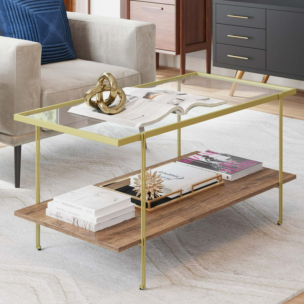 Nathan James Asher Mid Century Rectangle Gold Coffee Table With Glass Top Oak Floating Shelf