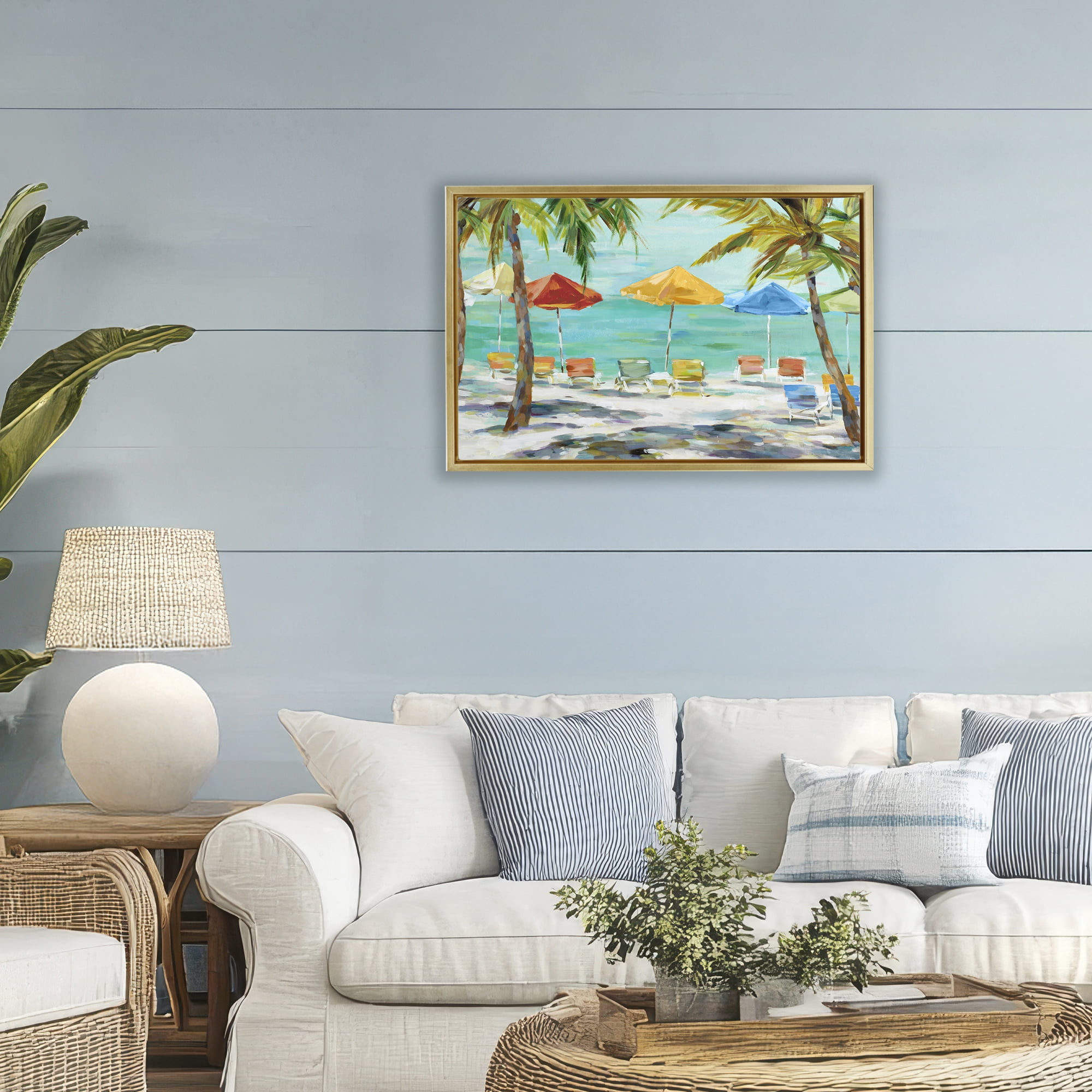 Stupell Industries Umbrellas Under the Palms Gold Framed Floater Canvas Wall Art, design by Lorenzo Collective