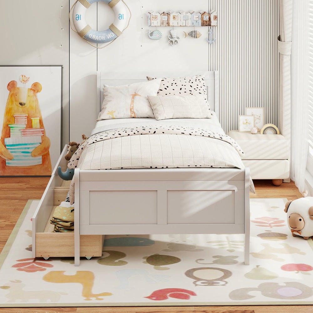 Barara King Twin Size Sleigh Bedroom Bed Frame with 2 Storage Drawers, Wood Bed Platform Frame for Apartment, Bedroom, White