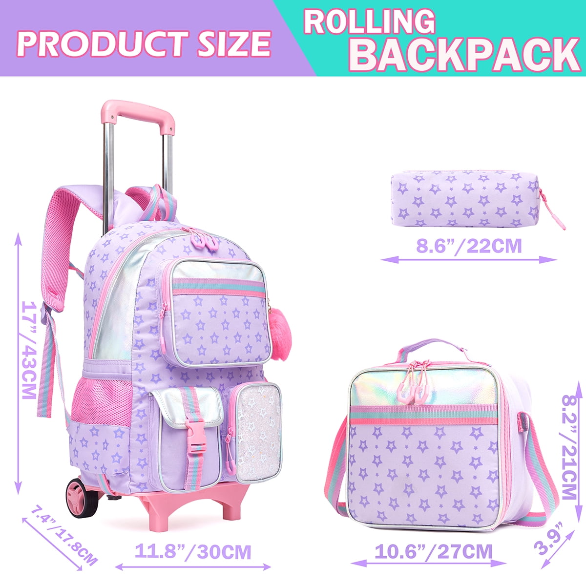 Kids Rolling Backpacks for Girls with Wheels Roller Backpack with Lunch Bag Pencil Case for Elementary Students Bookbag for 6-12 Years Old