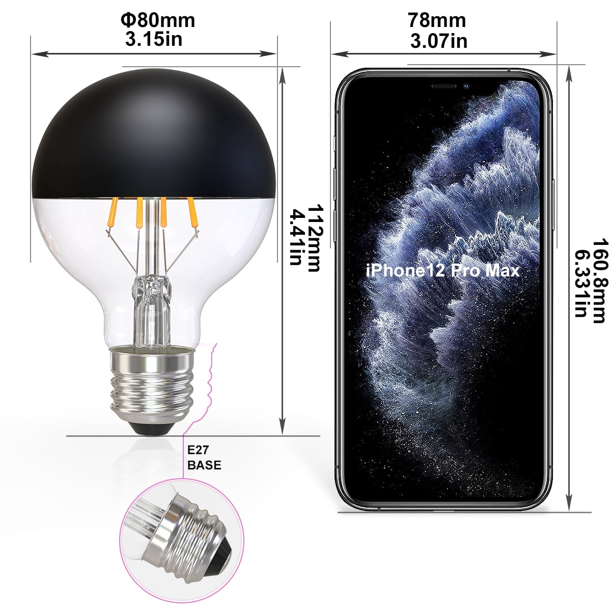 Half Chrome Light Bulb Dimmable 6W (Equivalent 60 Watt) LED Edison Bulb G25/ G80 Half Black Dipped LED Bulb Globe Shape 2700K Warm White Decorative Mirror Light Bulb CRI 90+ E26 Base Pack of 2 (Black)