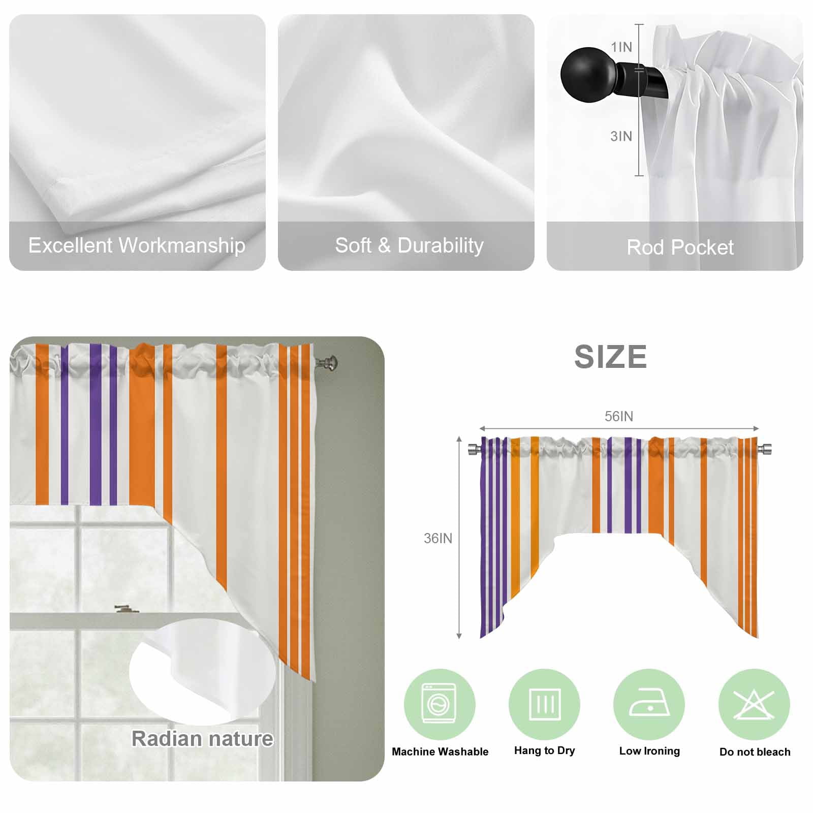 Basics Patterned Swag Valances for Kitchen Window, Watercolor Rectangle Colorful Stripes Small Swag Valances Rod Pocket Curtain Drapes Window Treatment for Bedroom Bathroom, 56x36 Inch
