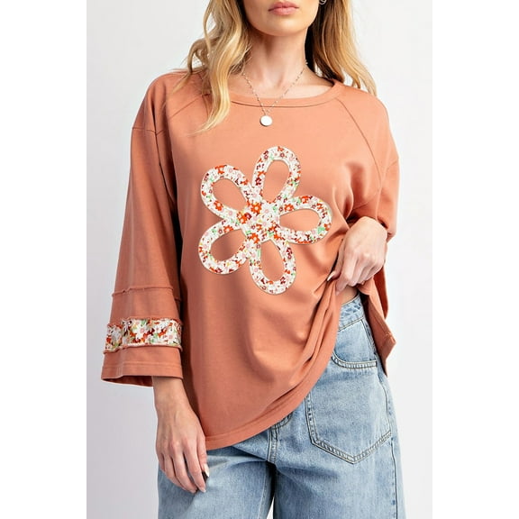 Plusashion Vibrant Grapefruit Floral Exposed Seam Top - Wide Sleeve Fashion Tee