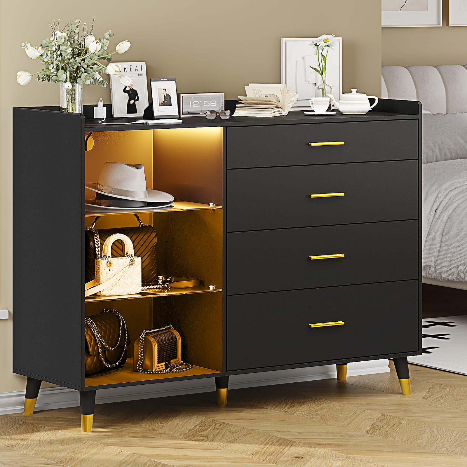 Black Dresser Chest of Drawers with 4 Drawers&Led Light&Charging
