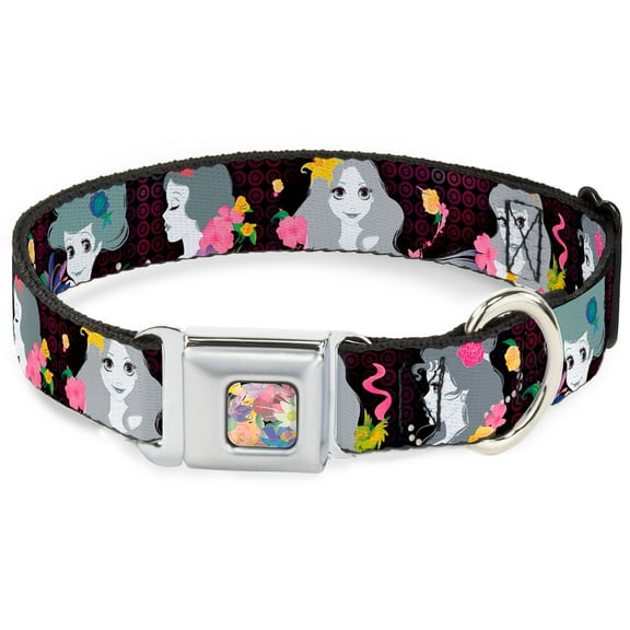 Disney Pet Collar, Dog Collar Metal Seatbelt Buckle, Princess Silhouettes Dots Black Purple Gray Multi Color, 20 to 31 Inches 1.5 Inch Wide