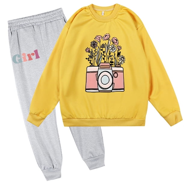 Odeerbi 2-9 Años Niñas Conjuntos de Algodón Sudaderas de Flores Cuello Redondo Sudaderas Pantalones de Dos Piezas Conjunto Floral Top Pantalones Largos