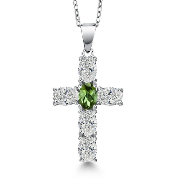Gem Stone King 925 Sterling Silver Lab Grown Diamond and Green Tourmaline Cross Pendant Necklace for Women | 2.50 Cttw | Gemstone April Birthstone | Oval 6X4MM | With 18 inch Chain