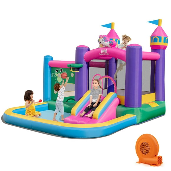 Gymax 6-in-1 Kids Inflatable Bounce House w/ 750W Blower Jumping Area Ball Pit Pools