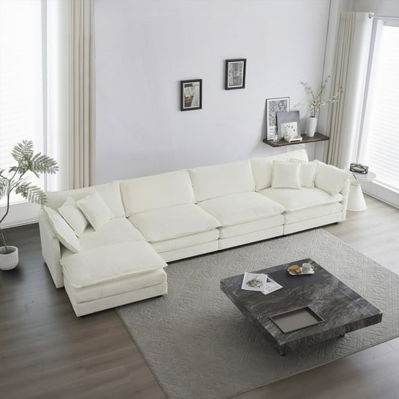 Modern U-Shaped Sectional Sofa 5 Seater with White Chenille, Solid Wood Frame