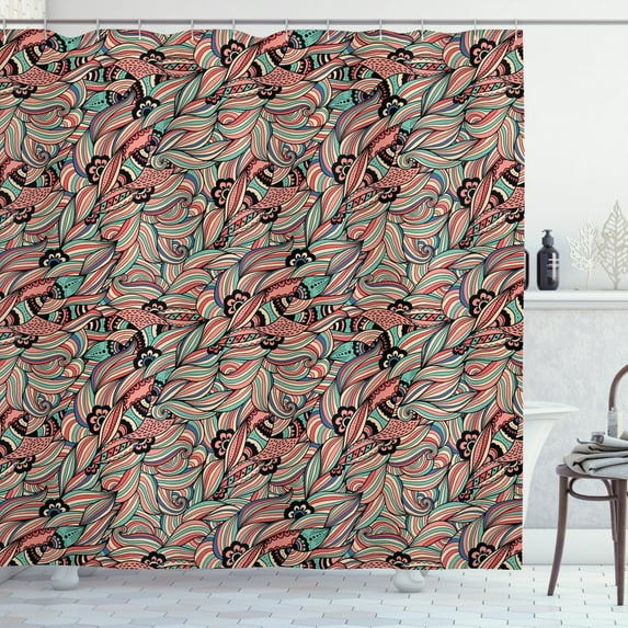 Traditional Shower Curtain, Ethnic Eastern Blossom Spiral Petals Folk Victorian Vintage Colorful Foliage, Fabric Bathroom Set with Hooks, 69W X 75L Inches Long, Multicolor, by Ambesonne
