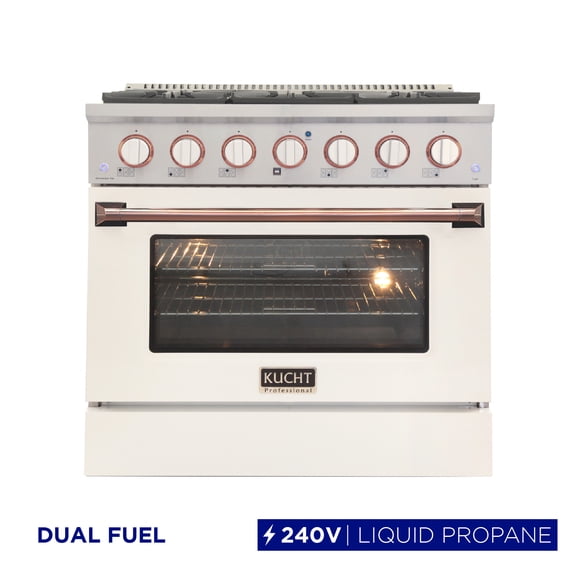 36 in. 5.2 cu. Dual Fuel Range for Propane Gas in Rose Gold Handle & Ring Knobs.