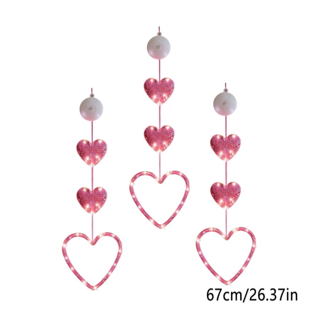 Luces cortina LED en forma de corazón - Decoración romántica para colgar con ventosa rosa • 3 piezas a pilas • Interior exterior impermeable • Ambiente de invitación de matrimonio para la fiesta de