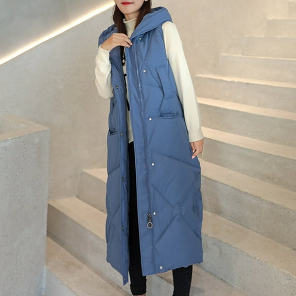 lcziwo Womens Quilted Puffer Vest Maxi Length Sleeveless Hooded Packable Winter Warm Thickened Down Jacket 2024 Blue,L