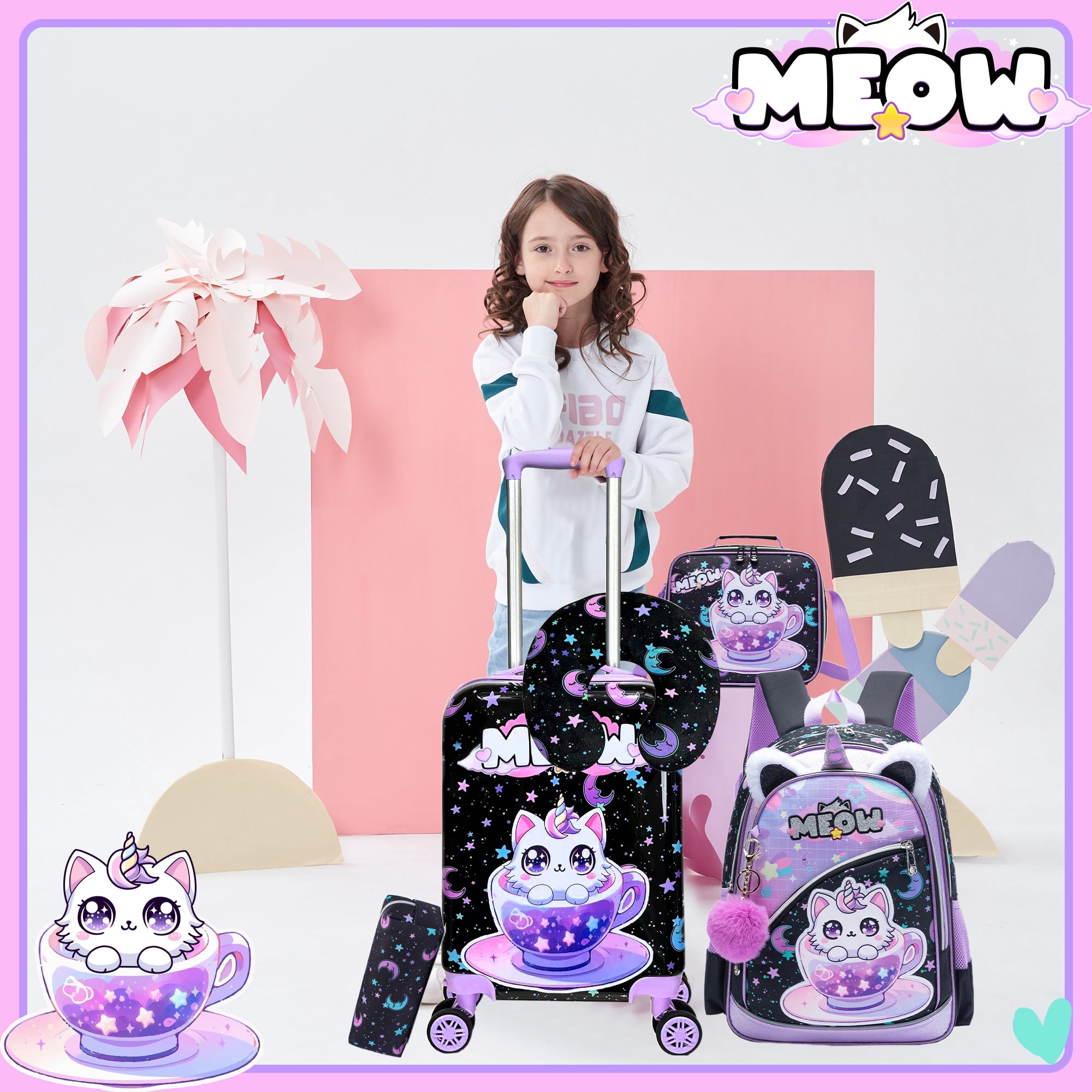 Kids Carry on Luggage Sets for Girls Suitcases with Wheels Travel Pillow Airline Approved 16 Inch