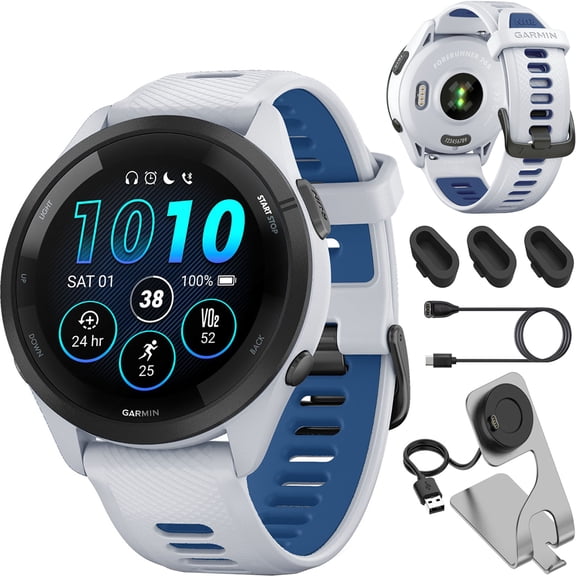 Garmin Forerunner 265 GPS Smartwatch, Whitestone/Tidal Blue Bundle with Deco Essentials Charging Dock for Garmin Venu 3 Silicone Dust Cover USB Type C Charging and Sync Cable