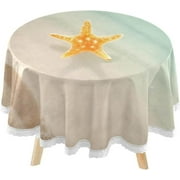 SKYSONIC Starfish Summer Beach Round Tablecloth 60inch Indoor Wrinkle Free, Blue Ocean Circular Lace Table Cover Washable for Kitchen Party BBQ Dining Decor