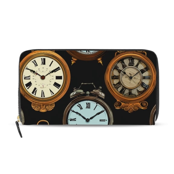 Clock Hand Painted Women's Long Zipper Wallet Bifold Clutch Purse PU Leather Card Cases