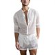 thumbnail image 1 of Conjunto de camisa de encaje para hombre, conjunto de pantalones cortos huecos informales, transpirables, de manga larga, de Color puro, Floral, blanco, 3XL, 1 of 6