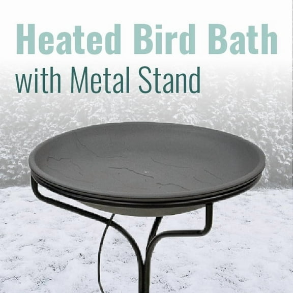 Wild Bird Lover's Heated Bird Bath w/Metal Stand, Slate, 20"