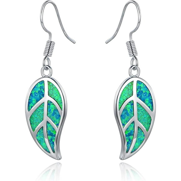 (Silver Turquoise)Stainless steel Plated Created White or Green Opal Leaf Drop Dangling Earrings