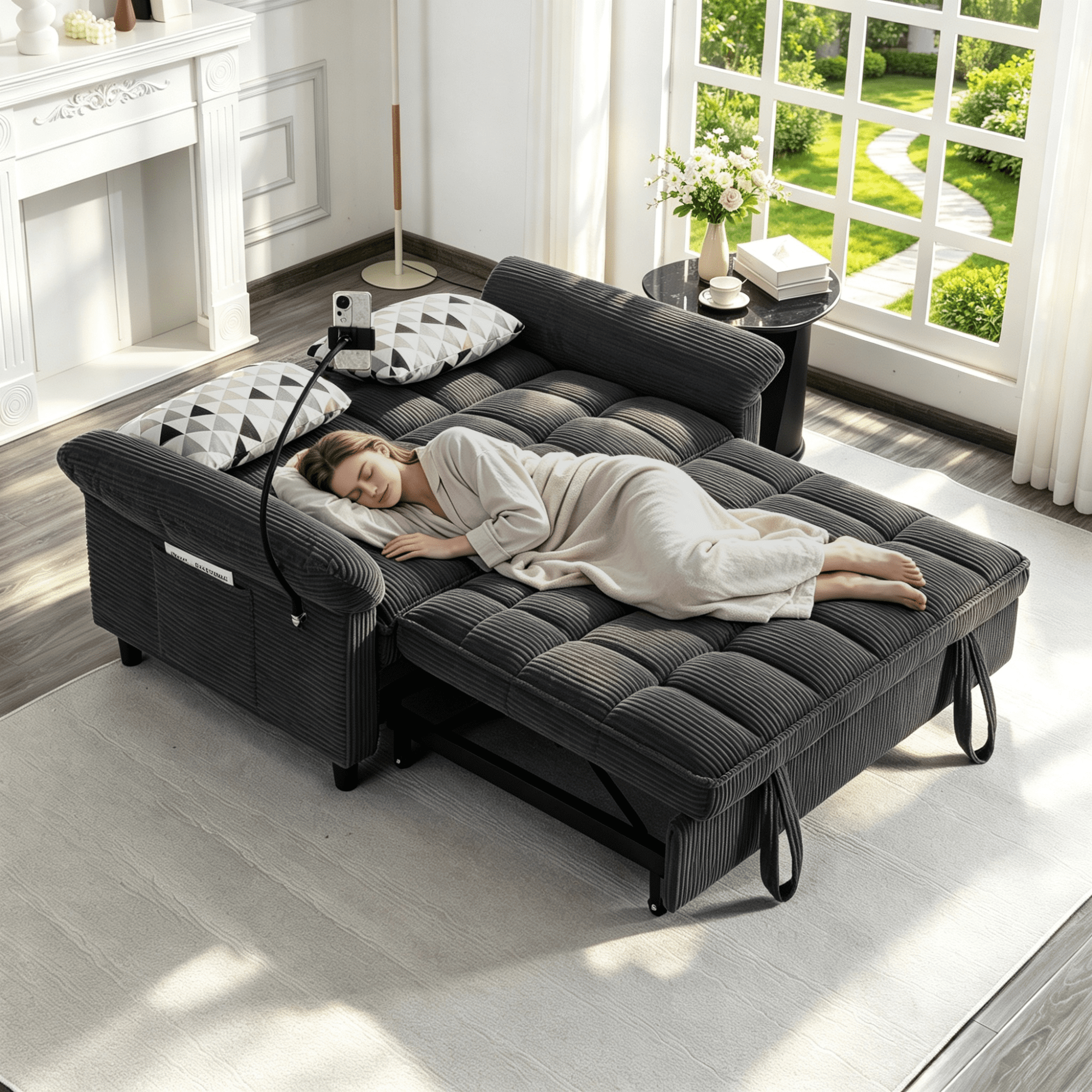 Gewnee 58" 3‑in‑1 Corduroy Convertible Sleeper Sofa Bed, Pull‑Out Loveseat with 3 Adjustable Reclining Positions & Side Storage Pocket, Multi‑Purpose Guest Sofa for Living Room, Guest Room, Dark Grey