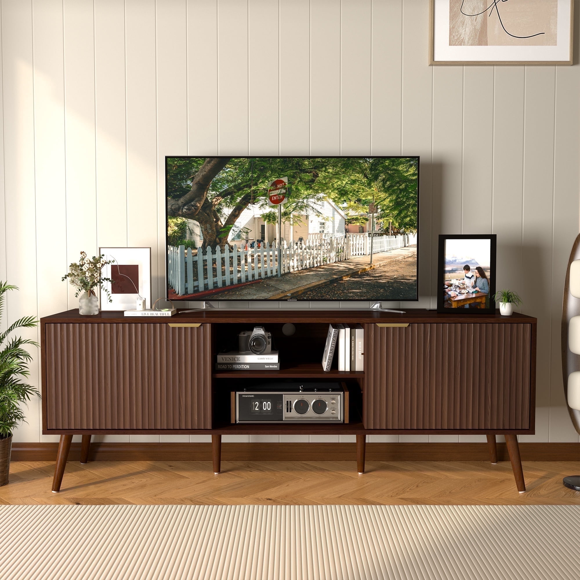 TV Stand for Living Room to 55/60/65/70 Inches, Mid Century Modern TV Consoles with Power Outlet, Entertainment Center with Door Cabinets and Open Shelves for Living Room, Bedroom, Walnut