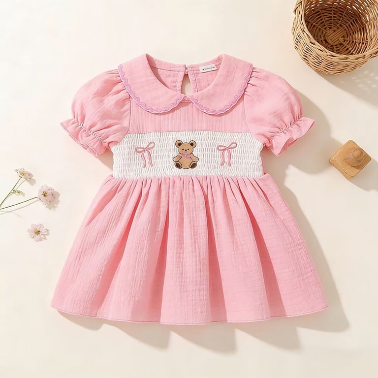 Toddler Dress Toddler Kids Girls Summer Korean Style Dress with Cute Bear Embroidery and Collar Short Sleeve Baby Dress for Daily Wear Pink 18M