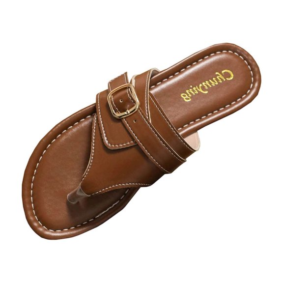 HomeDM Women's Flat Flip Flops Comfort Open Toe Slip-On Thong Walking Slides Summer Beach Flat Sandals, Coffee Size 7.5