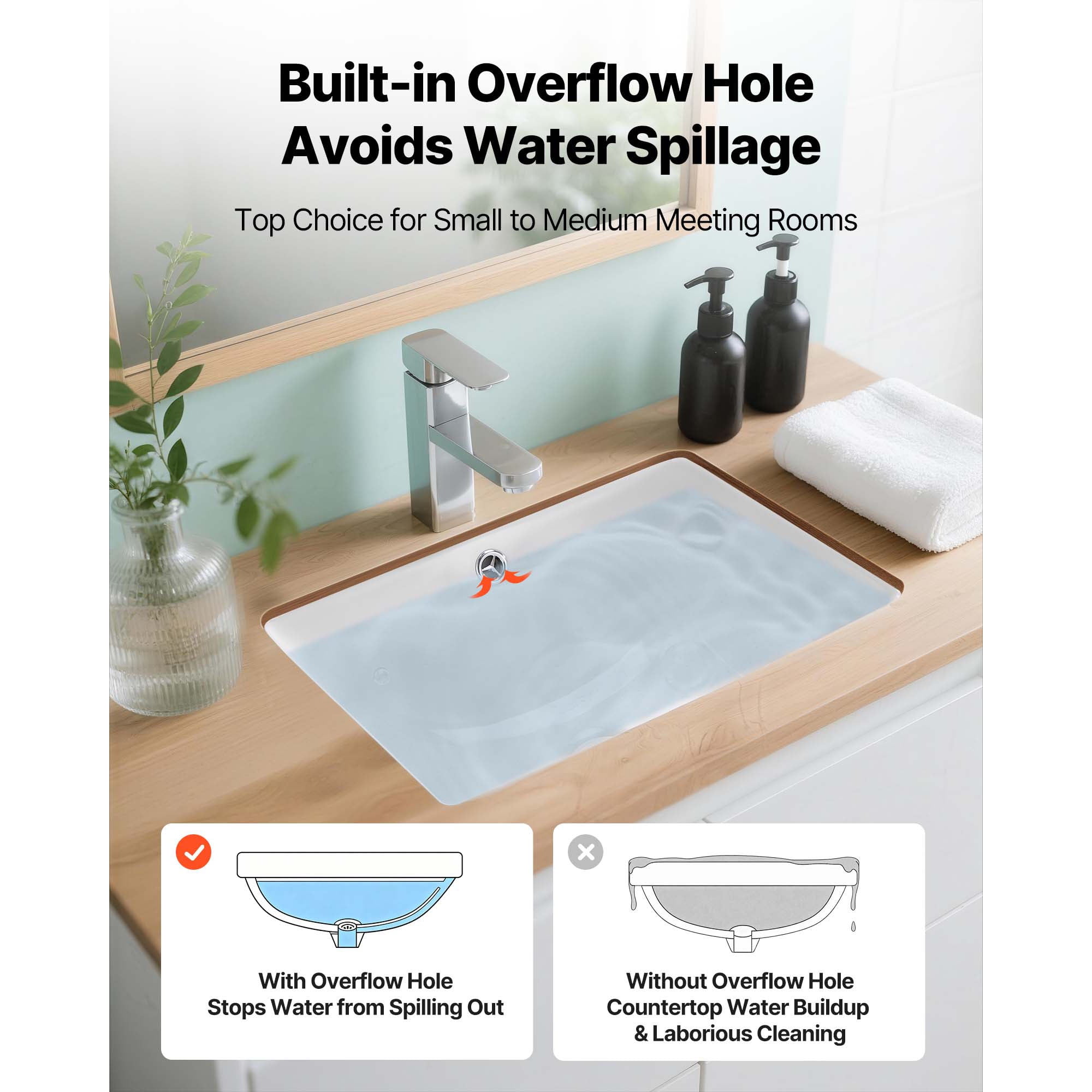KFFKFF Rectangular Undermount Bathroom Sink, 18.11 x 12.99 Inch White Ceramic Basin with Overflow, Modern Under-Counter Vanity Sink for Compact Spaces