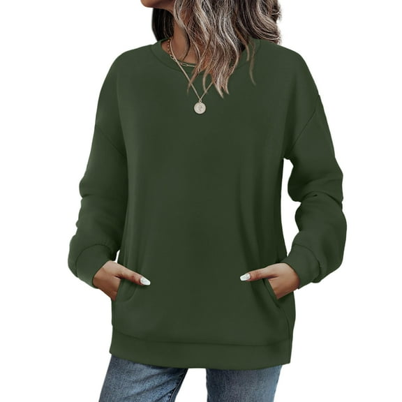 Women’s Long Sleeve Loose Crewneck Pullover Sweatshirt With Pockets, Soft Lightweight Casual Top for Autumn Winter Everyday Wear Army Green